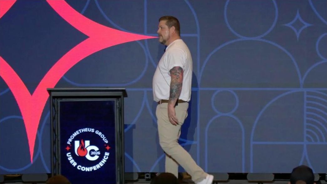 Steve walking the stage at the Prometheus Group User Conference 2026