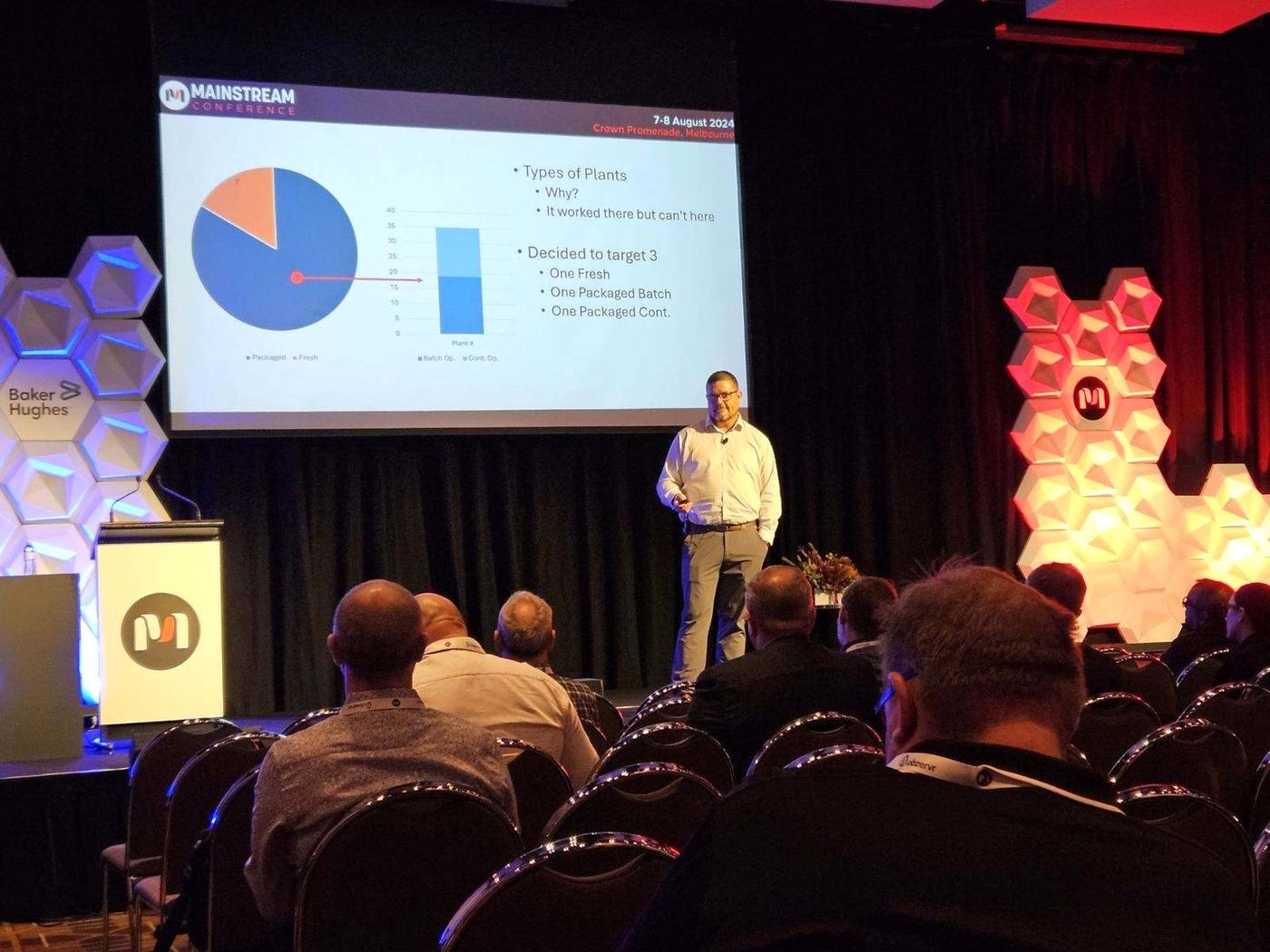 Steve presenting on stage at the Mainstream Conference in Melbourne, Australia, to a seated audience